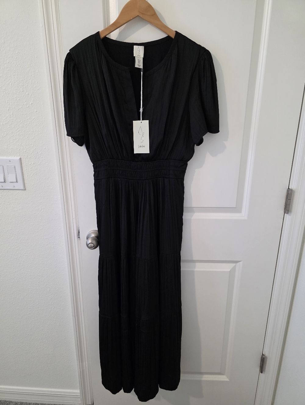Joie Black Maxi Dress with Smocked Waist and Short Sleeves